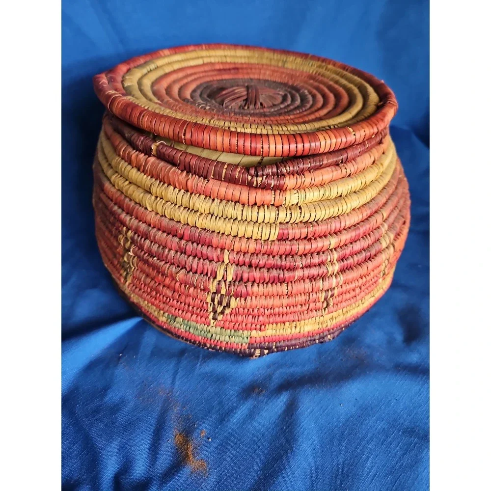Handwoven Coiled Basket Lidded Storage Rustic Primitive Leather Polychrome 10